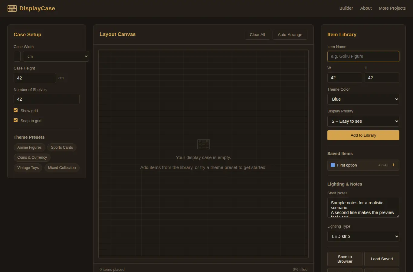 Screenshot of Collectible Display Case Layout Builder interface showing the project page in use